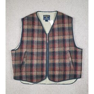 Vintage Woolrich Size XL Wool Plaid Full Zip Mens Brown Sherpa Lined Vest